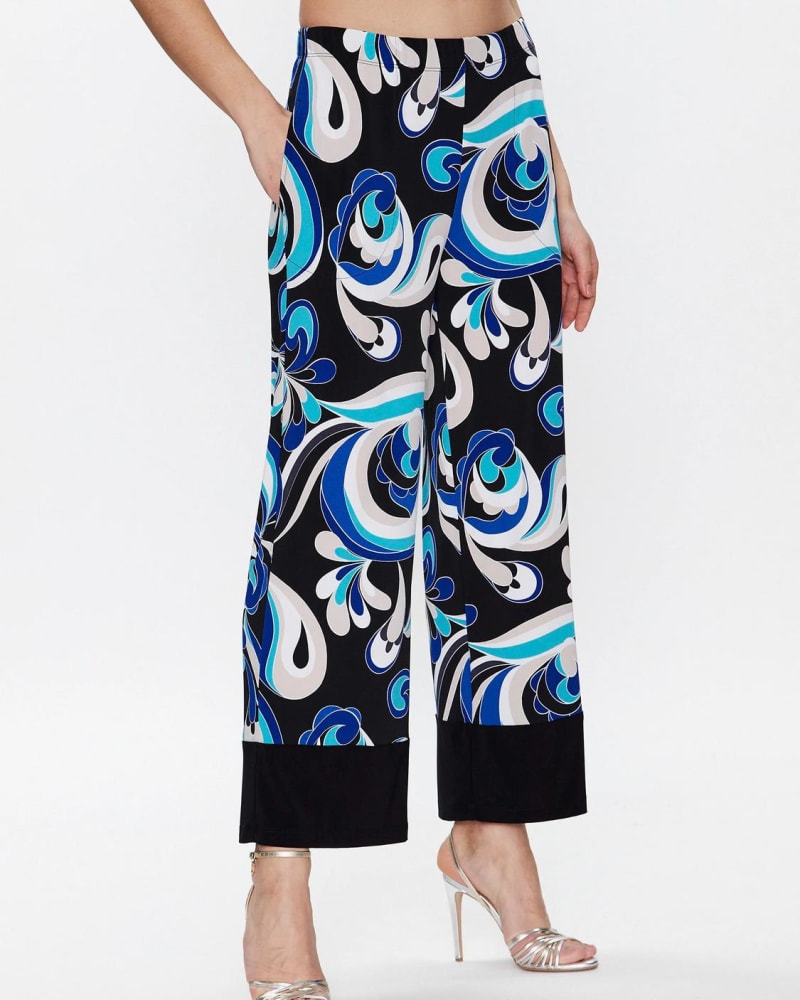Front of a model wearing a size 10 Wide Leg Print Pant In Black/Multi in Black/Multi by Joseph Ribkoff. | dia_product_style_image_id:356225
